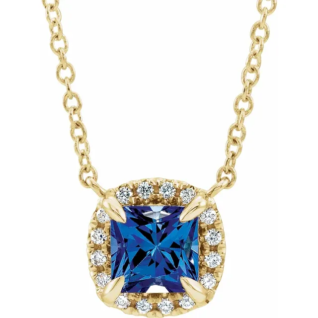 14K Yellow 3x3 mm Square Blue Sapphire & .05 CTW Diamond 18" Necklace